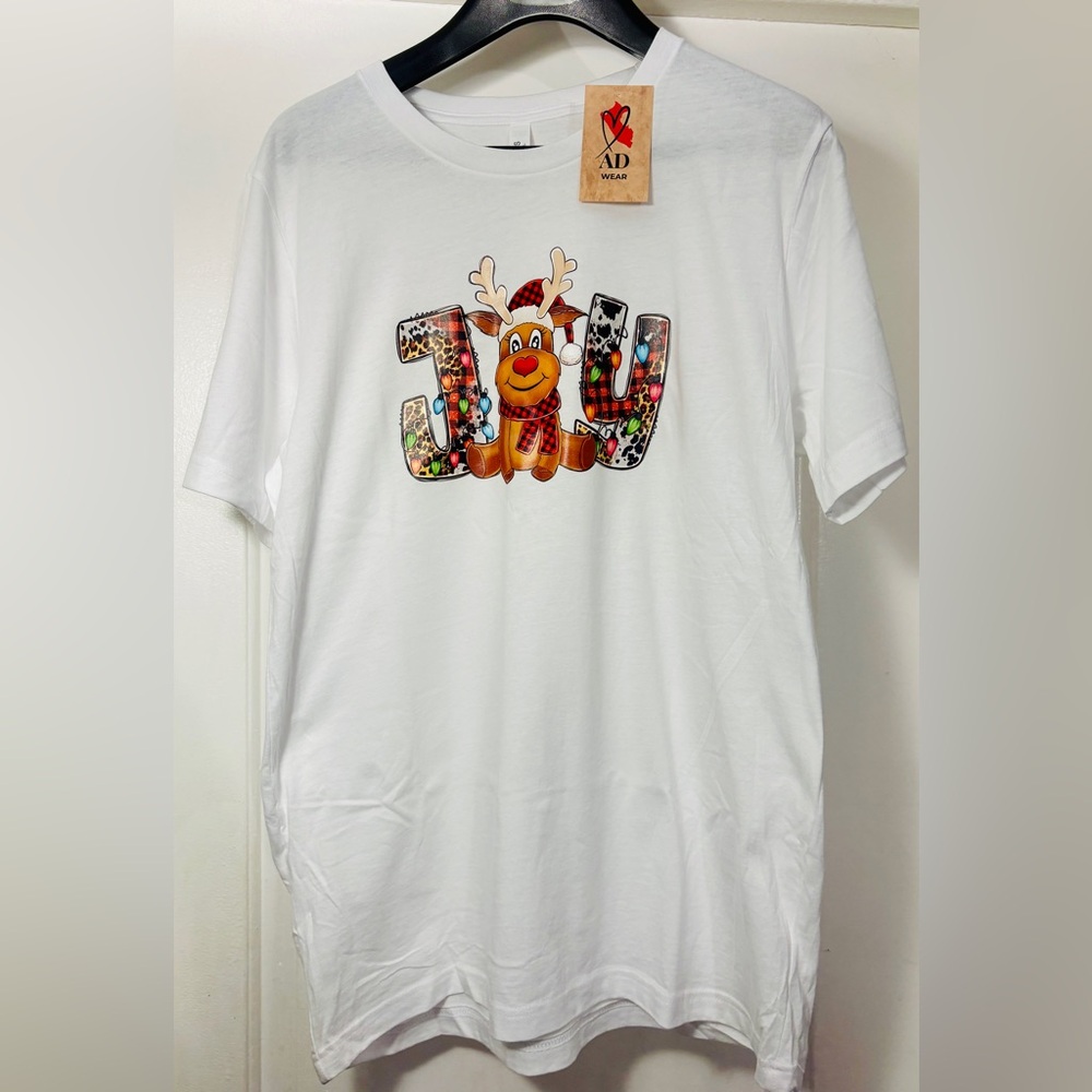 🦌 AD WEAR “JOY” Reindeer Christmas Tee | White Holiday Shirt | LARGE